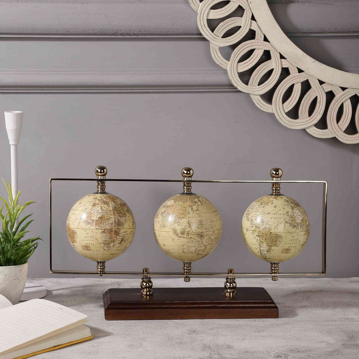 Triple Vertical Globe Odyssey | Revolving Wooden Base Decor for Offices
