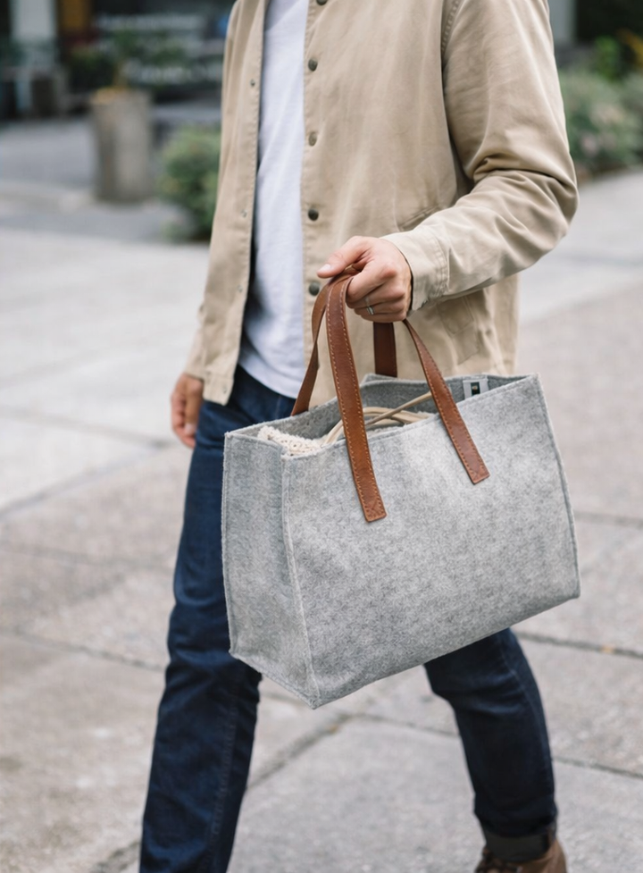 Expobazaar Minimalist Grey Felt Handbag with Leather Handles