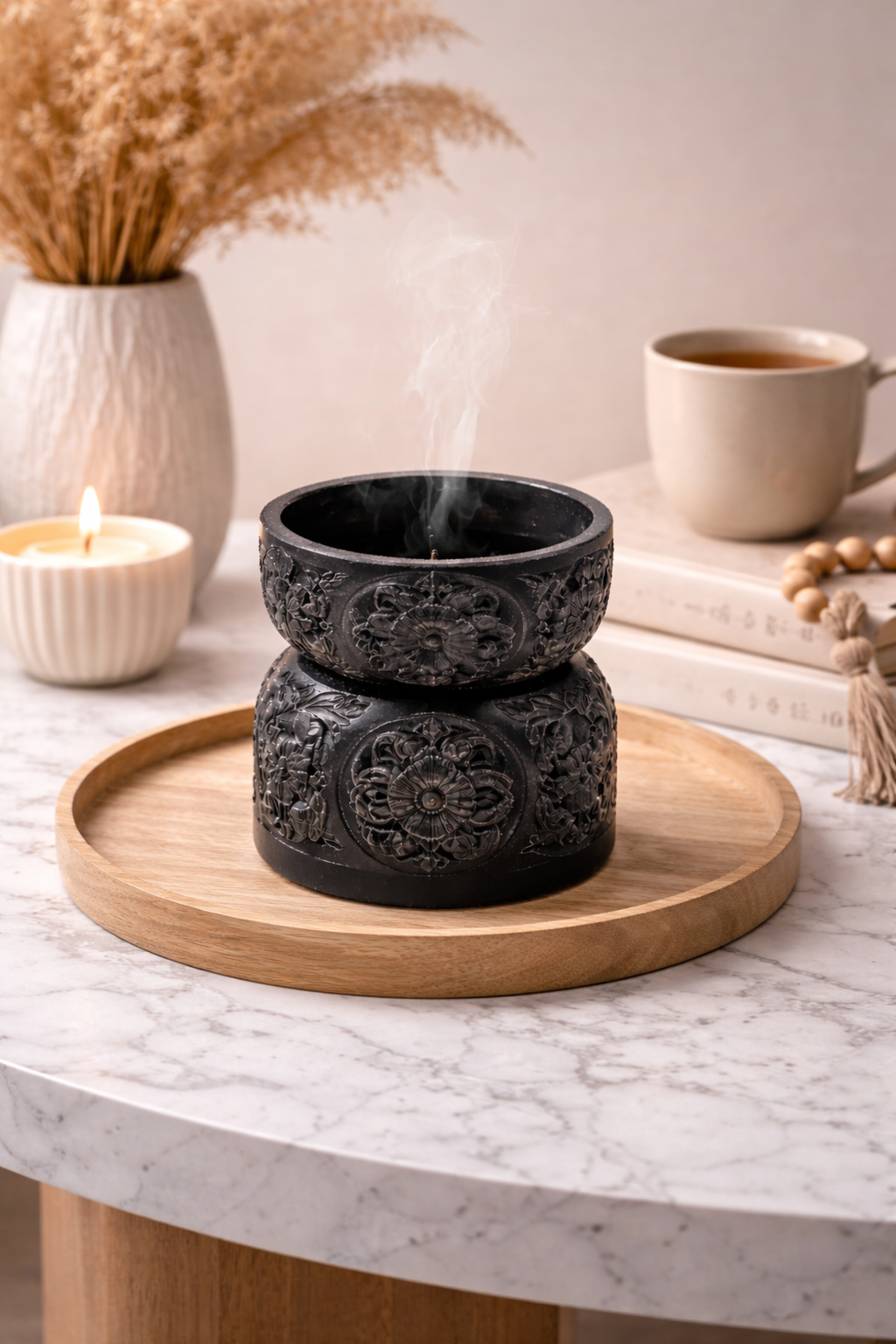 Decorative Black Soapstone Sun and Flower Oil Burner Tabletop Accent
