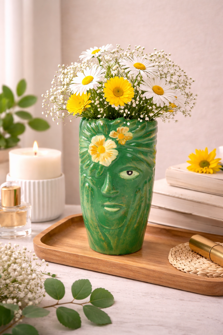 Modern Tribal Half Face Metal Vase – Tabletop Decorative Accent