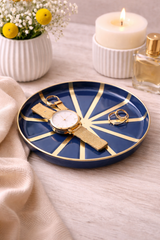 Premium Round Decorative Tray Blue & Orange Enamel with Golden Stripes
