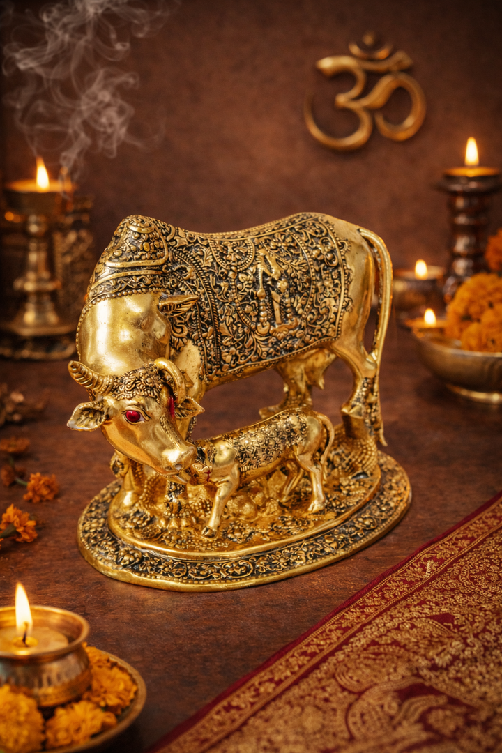Cow and Calf Statue Small Idol for Good Luck & Prosperity
