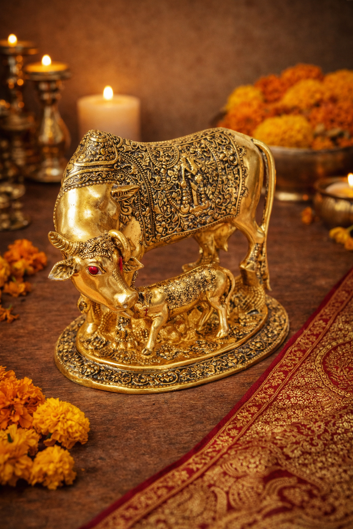 Cow and Calf Statue Small Idol for Good Luck & Prosperity