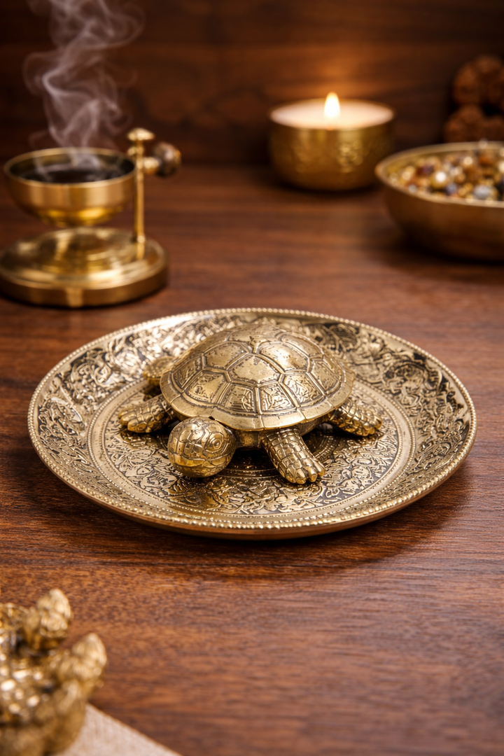Brass Tortoise Figurine with Plate for Good Luck