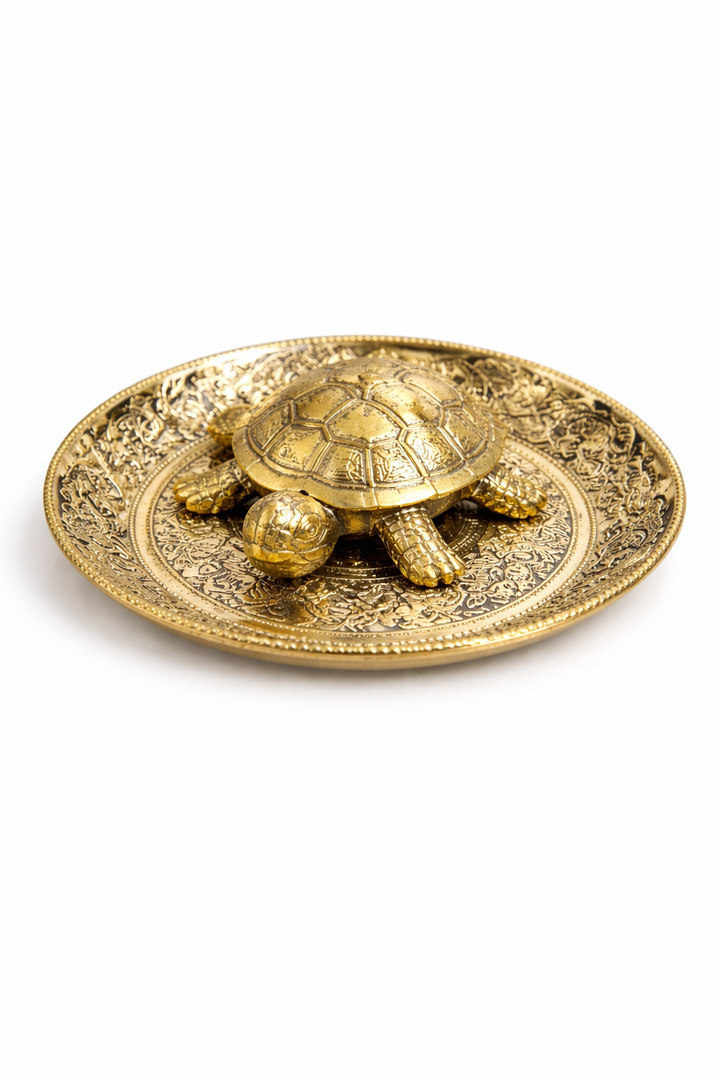 Brass Tortoise Figurine with Plate for Good Luck