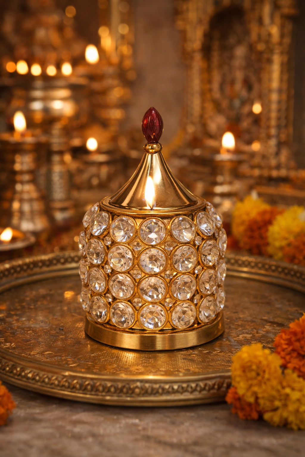 Decorative Brass Crystal Akhand Diya Pillar Lamp