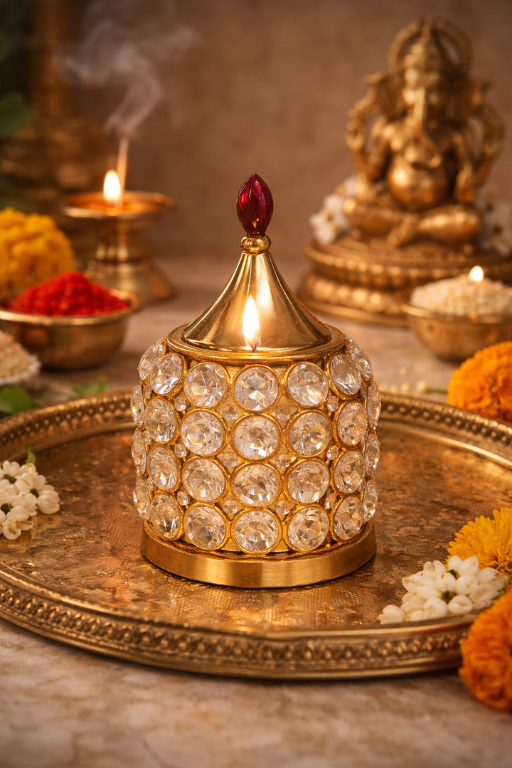 Decorative Brass Crystal Akhand Diya Pillar Lamp