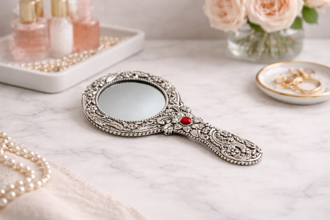 Aluminium Hand Mirror Nickel for Dressing Table & Mandir