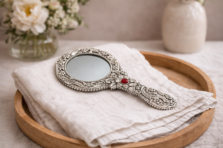 Aluminium Hand Mirror Nickel for Dressing Table & Mandir