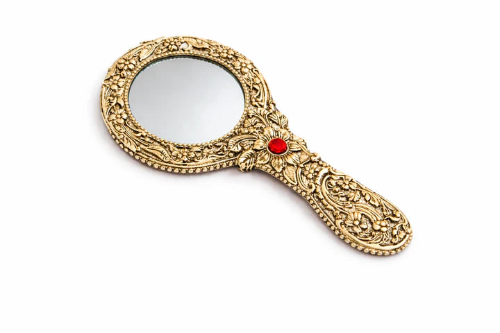 Aluminium Hand Mirror Golden for Dressing Table & Mandir