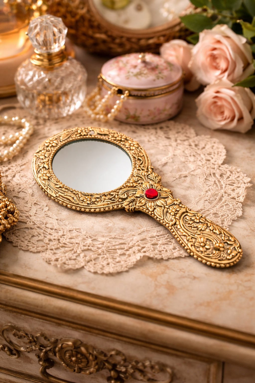 Aluminium Hand Mirror Golden for Dressing Table & Mandir