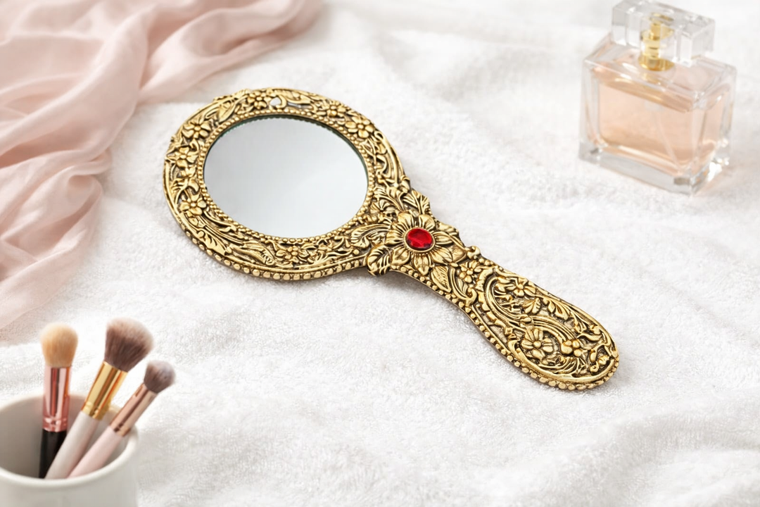 Aluminium Hand Mirror Golden for Dressing Table & Mandir