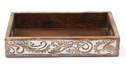 Wooden Side Carved Tray Set of 2 Decorative Serving Trays