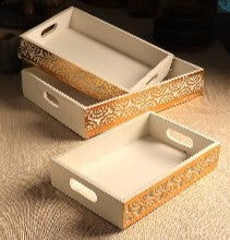 Elegant White & Golden Wooden Carved Tray for Home Décor