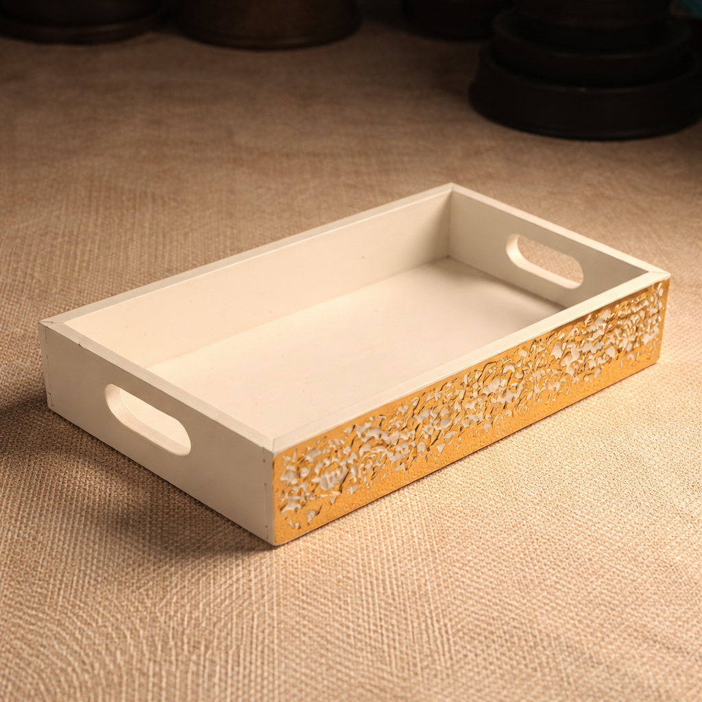 Elegant White & Golden Wooden Carved Tray for Home Décor