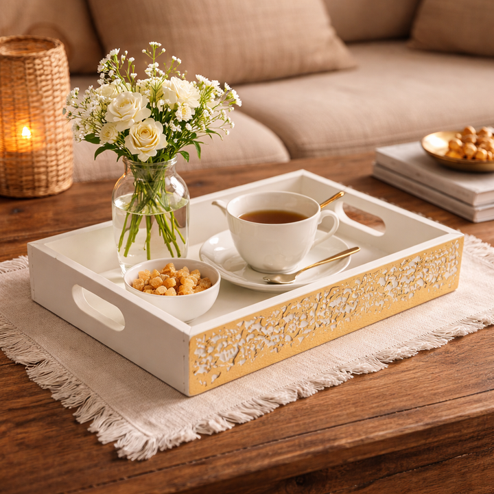 Elegant White & Golden Wooden Carved Tray for Home Décor