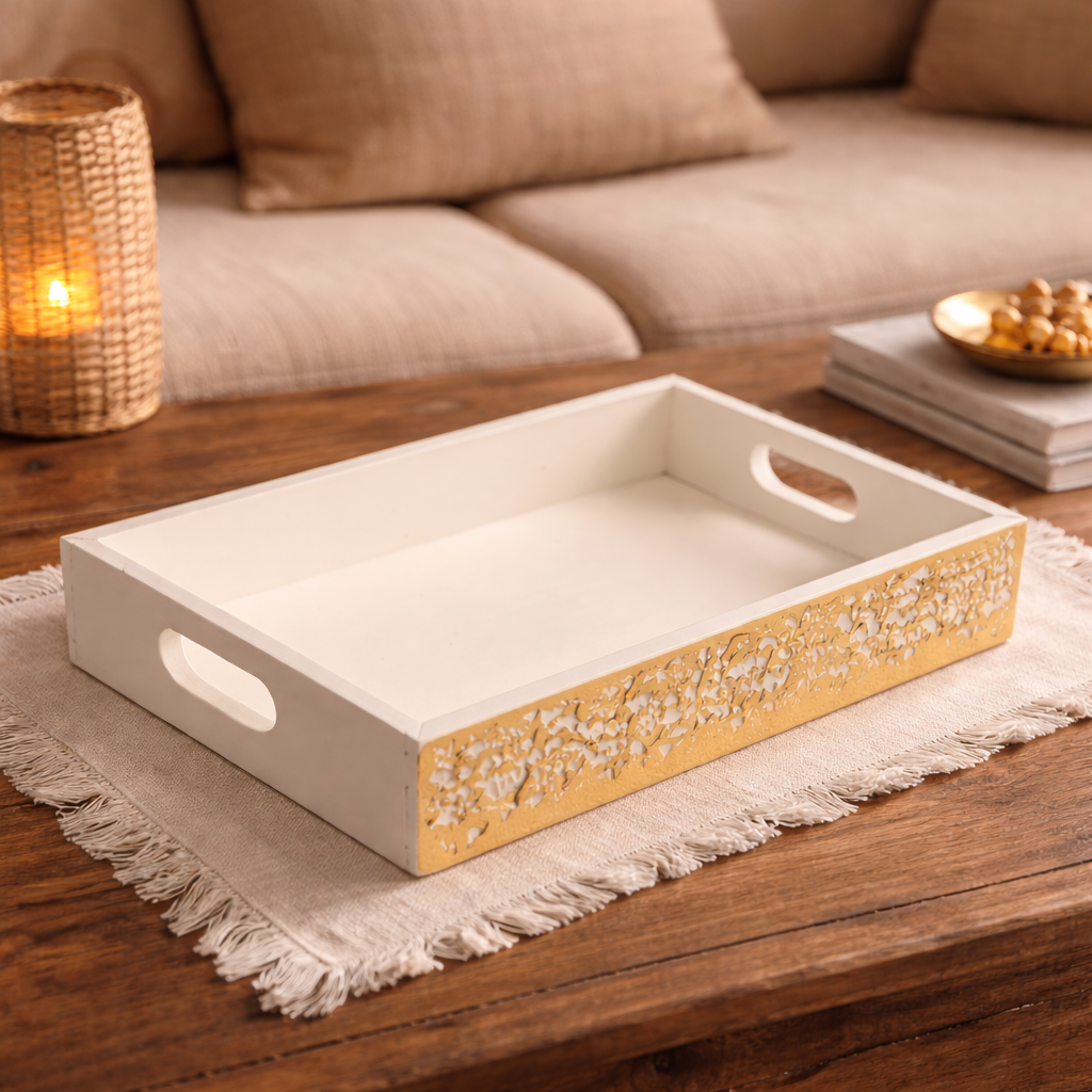 Elegant White & Golden Wooden Carved Tray for Home Décor