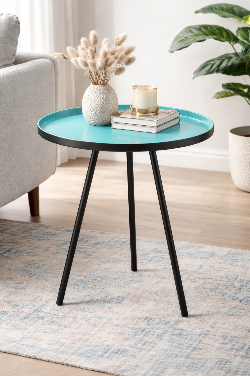 Designer Round Metal Side Table Turquoise & Grey Tabletop Accent