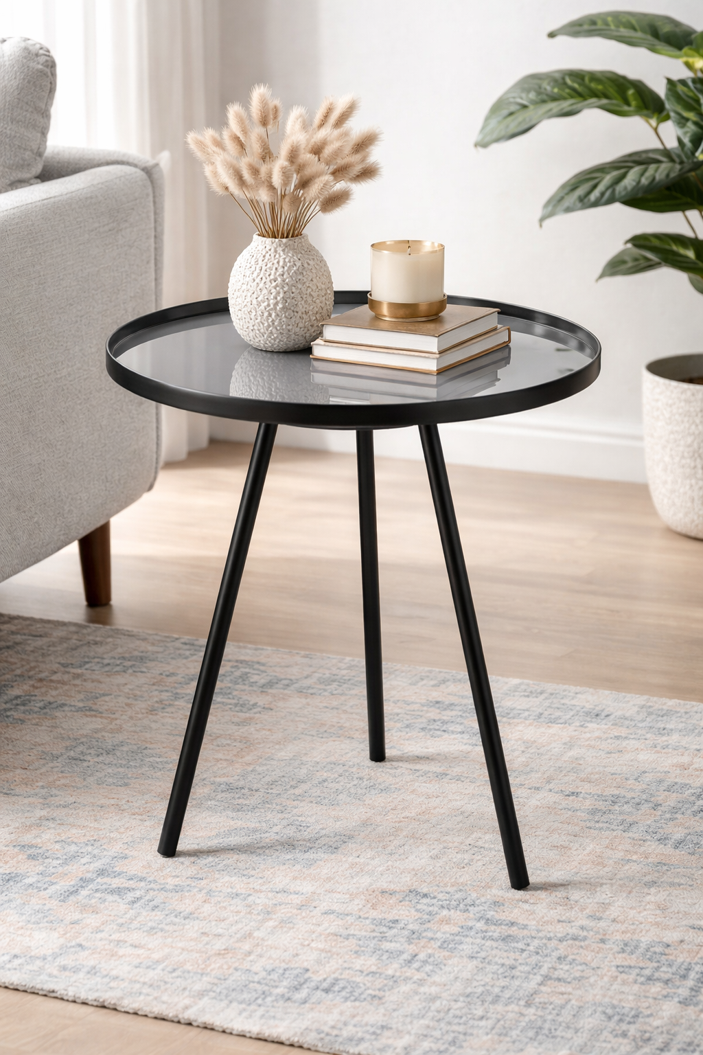 Designer Round Metal Side Table Turquoise & Grey Tabletop Accent