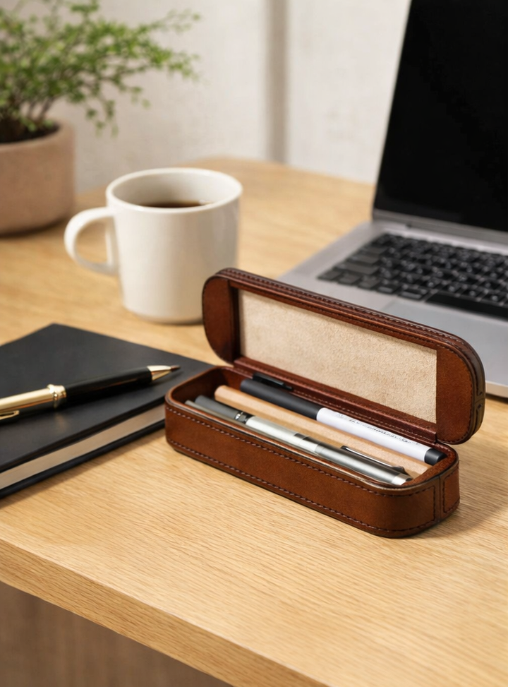 Expobazaar Elegant Tan Leather Pencil Storage Box