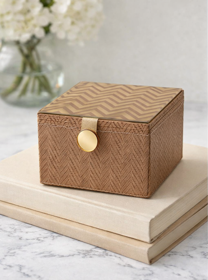 Expobazaar Brown Rexine Keepsake Box with Printed Glass Top