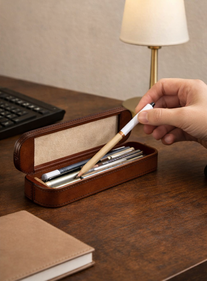 Expobazaar Elegant Tan Leather Pencil Storage Box