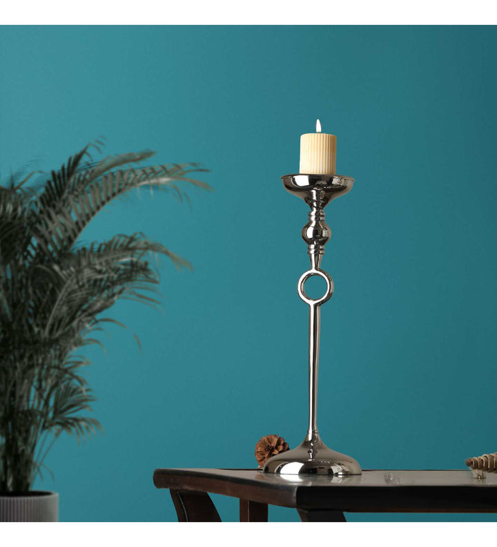 Ajna Small Silver Pillar Holder| Majestic Candle Holder for Stylish Ambiance