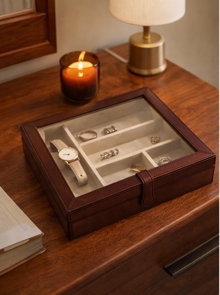 Expobazaar Elegant Tan Leather Tie Storage Box for Organized Accessories