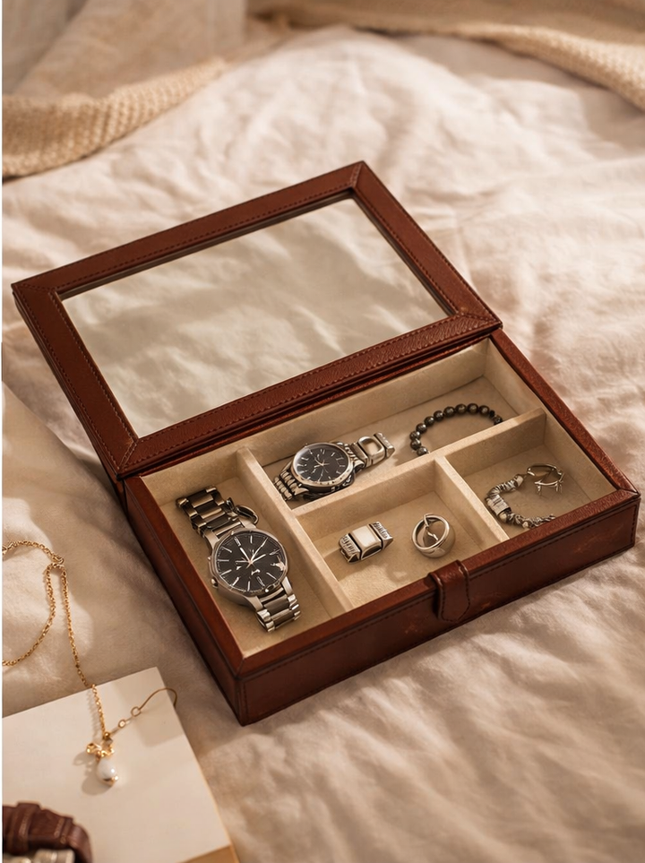 Expobazaar Elegant Tan Leather Tie Storage Box for Organized Accessories