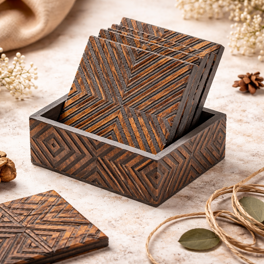 Hand-Carved Wooden Coaster Set with Holder for Drinks
