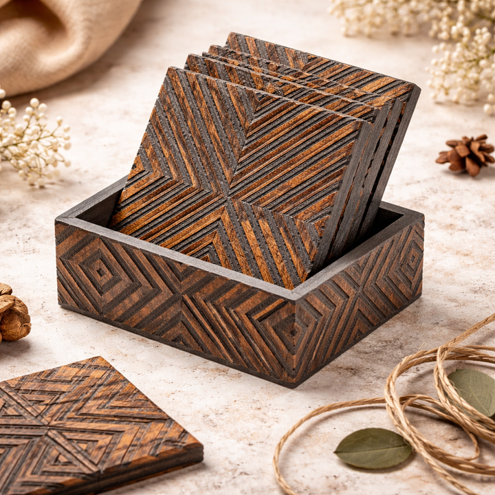 Hand-Carved Wooden Coaster Set with Holder for Drinks