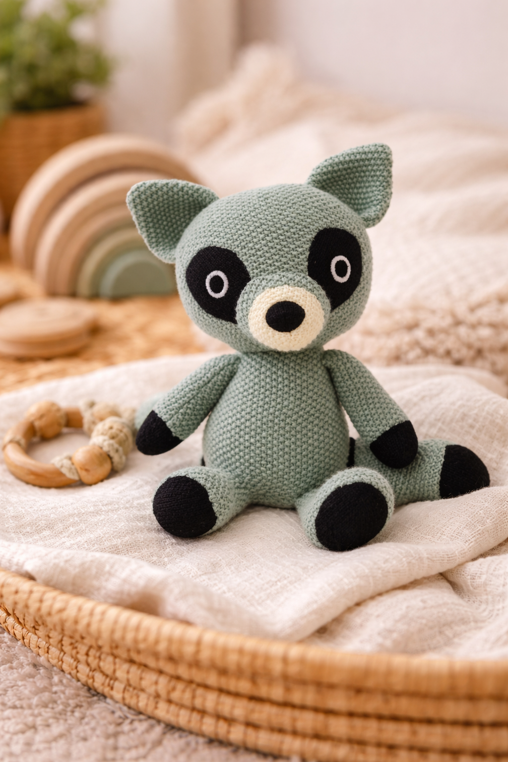 Blacky the Soft Knitted Raccoon Toy for Kids and Toddlers