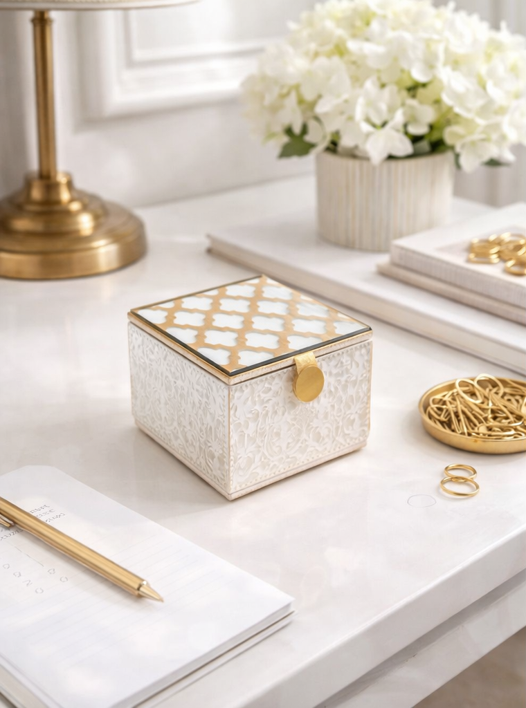 Expobazaar Elegant White Keepsake Box with Gold Detail