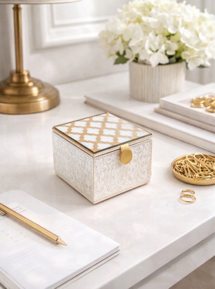 Expobazaar Elegant White Keepsake Box with Gold Detail