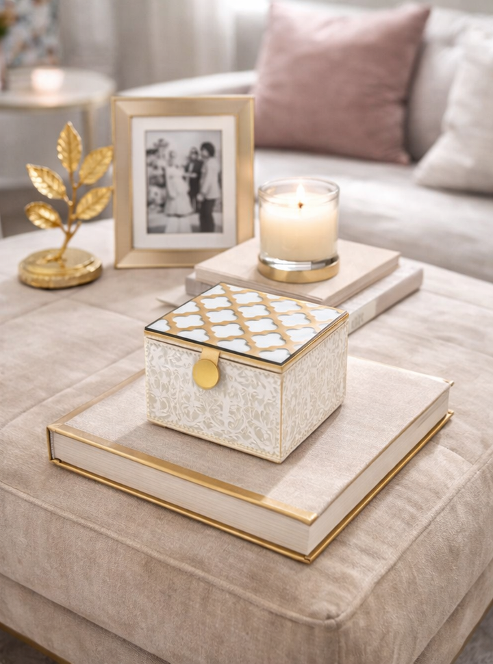 Expobazaar Elegant White Keepsake Box with Gold Detail