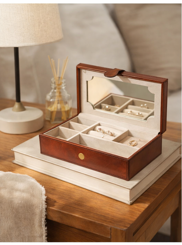 Expobazaar Tan Leather Jewelry Box Luxury Organizer with Secure Clasp