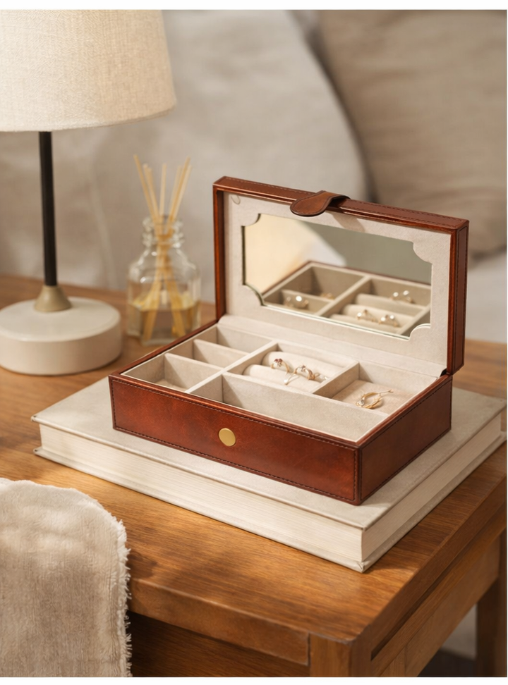 Expobazaar Tan Leather Jewelry Box Luxury Organizer with Secure Clasp