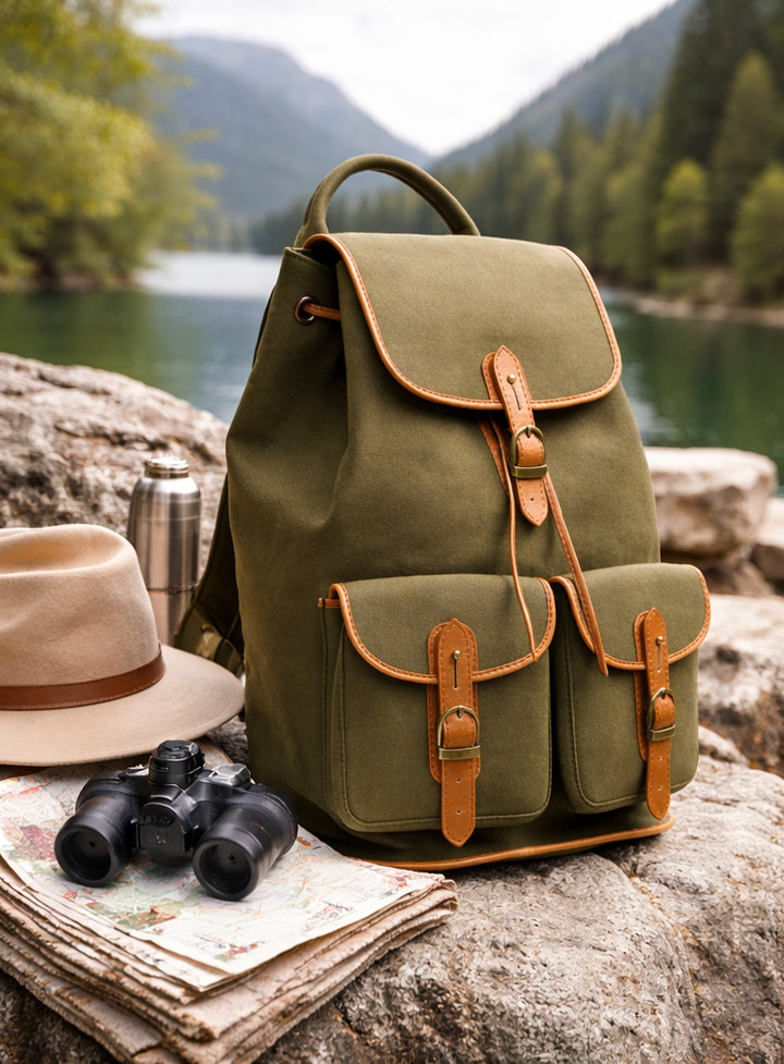 Expobazaar Vintage Style Canvas Backpack with Leather Accents