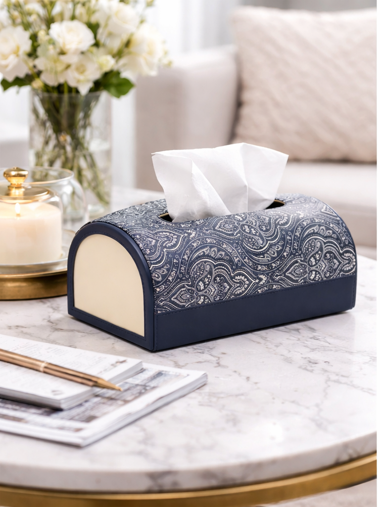 Expobazaar Elegant Navy Printed Leather Tissue Holder