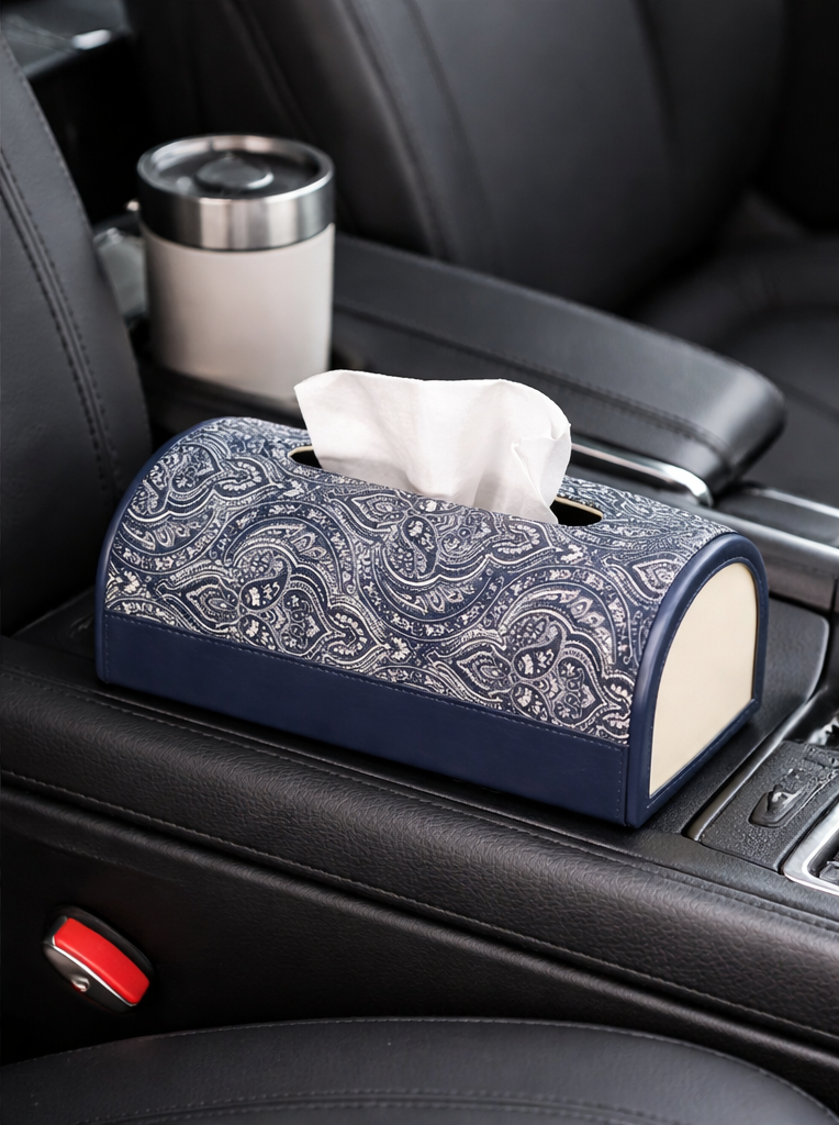 Expobazaar Elegant Navy Printed Leather Tissue Holder