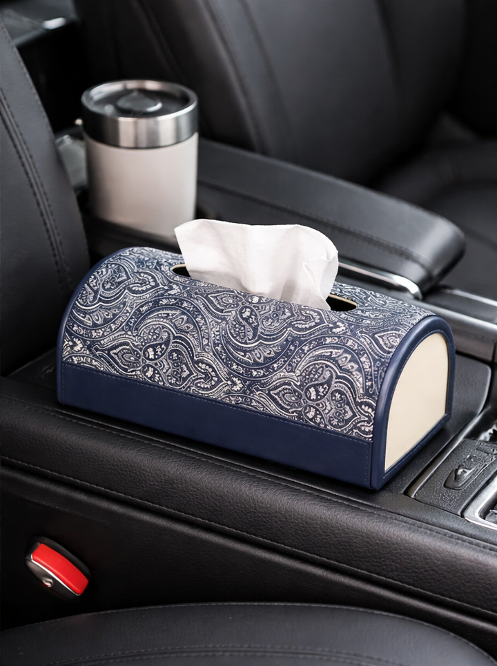 Expobazaar Elegant Navy Printed Leather Tissue Holder