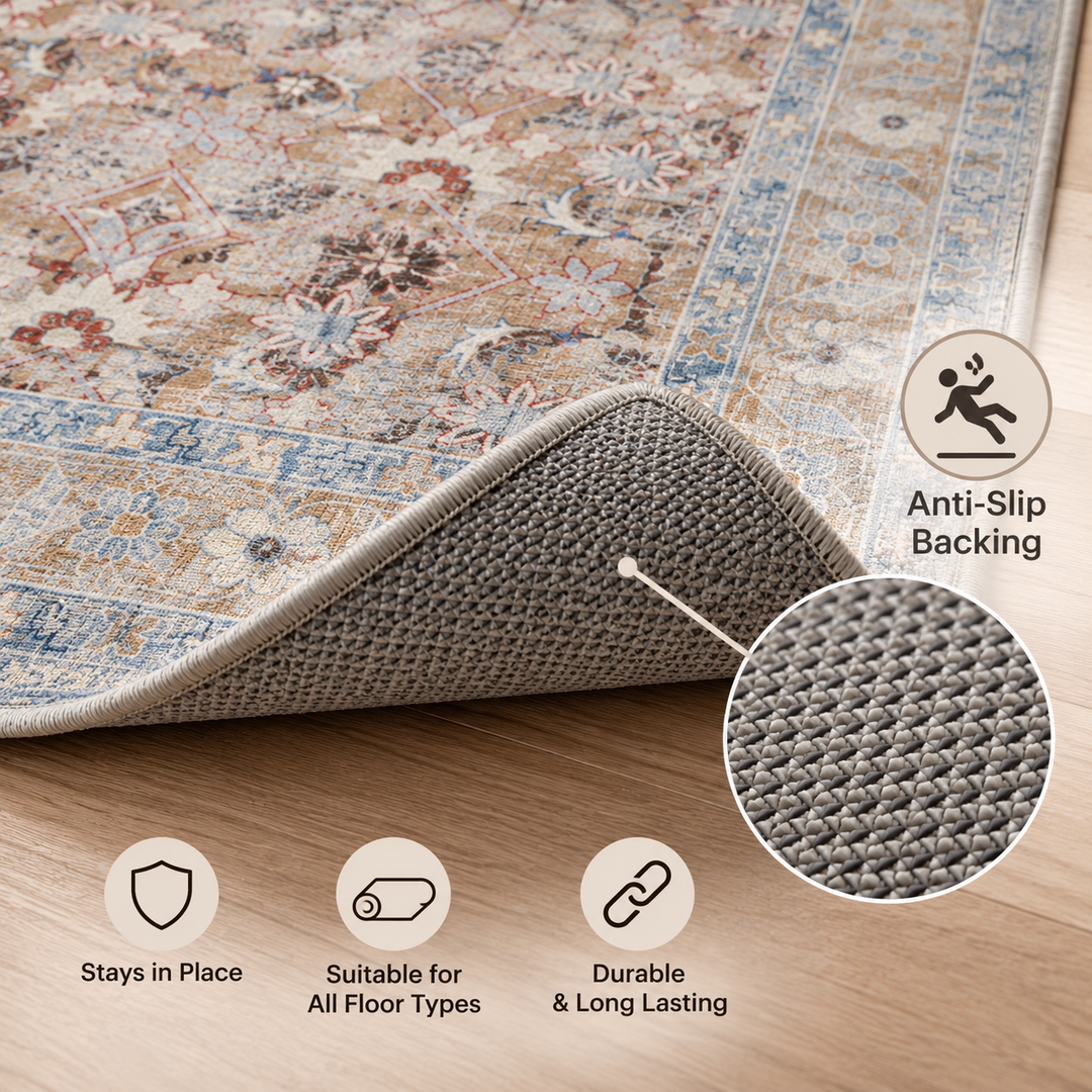 Expobazaar Washable Beige Blue Persian Floral Rug | Rug in a Box