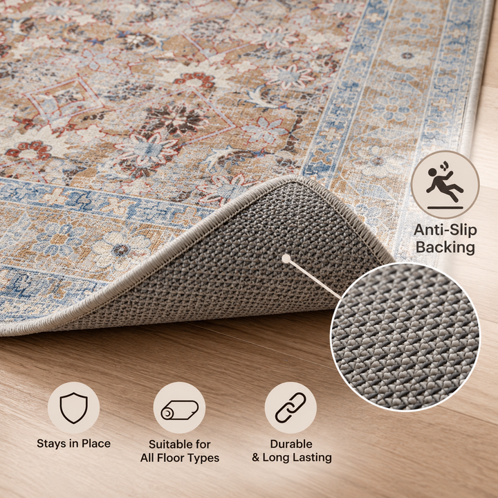 Expobazaar Washable Beige Blue Persian Floral Rug | Rug in a Box