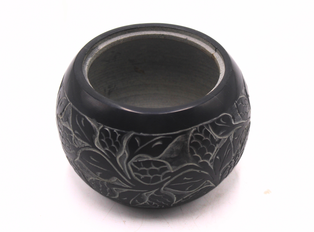Hand Carved Black Soapstone Floral Work Decorative Bowl