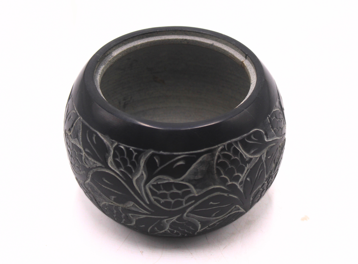 Hand Carved Black Soapstone Floral Work Decorative Bowl