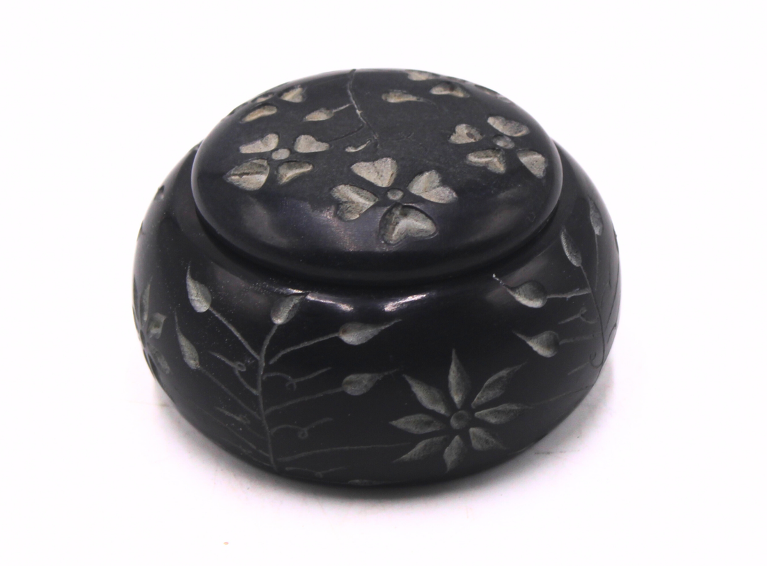 Hand Carved Black Soapstone Floral Work Box with Lid