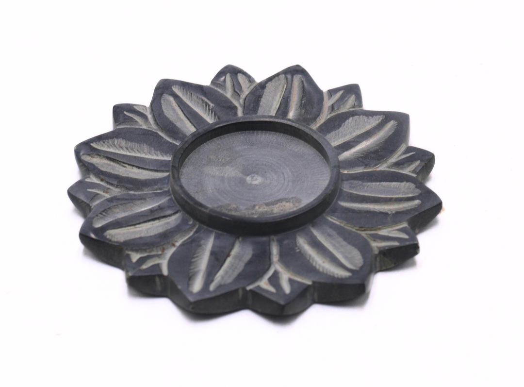 Hand Carved Black Soapstone Floral Candle Holder for Home Décor