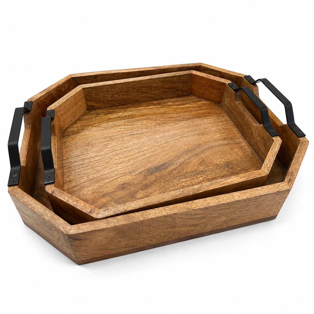 Wooden Carved Tray Set of 2 – Handcrafted Serving Trays