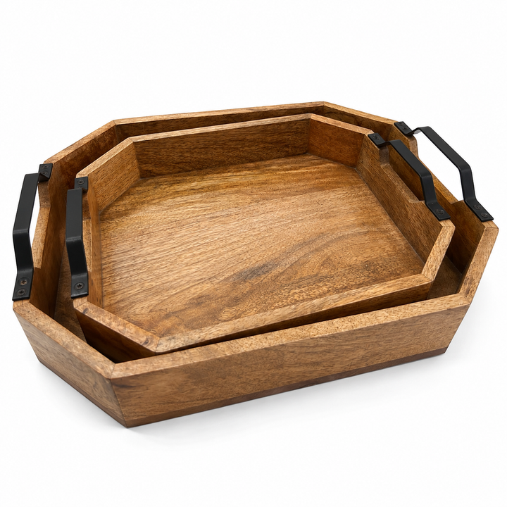 Wooden Carved Tray Set of 2 – Handcrafted Serving Trays