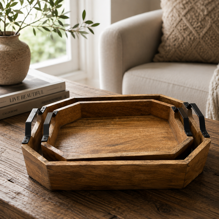 Wooden Carved Tray Set of 2 – Handcrafted Serving Trays